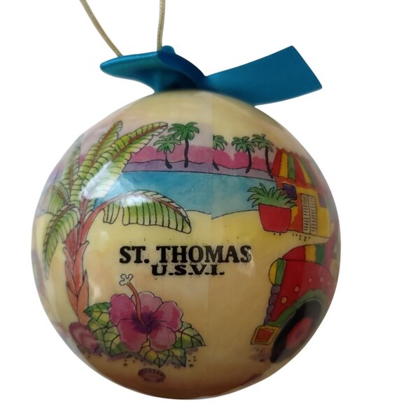 St. Thomas U.S.V.I. Ornament Agiftcorp Christmas 3" round hanging Reggae red bus - Picture 1 of 8